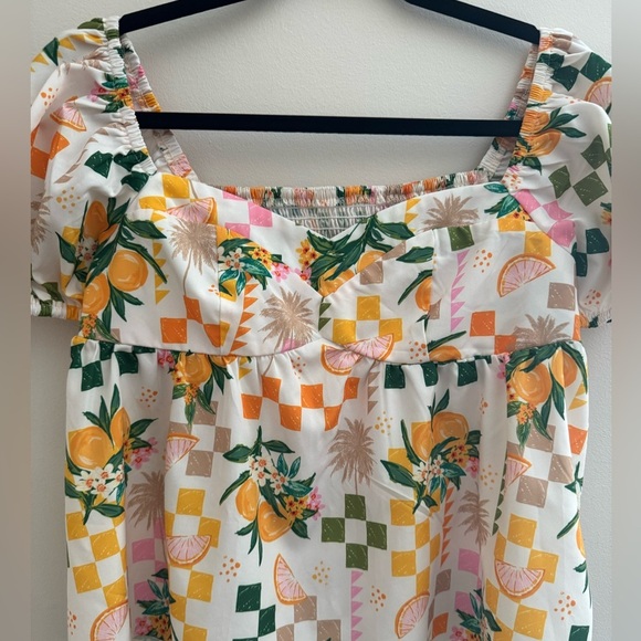SHEIN Puff Sleeve Babydoll Blouse Women’s Size Large Tropical Print Square Neck - Picture 5 of 6